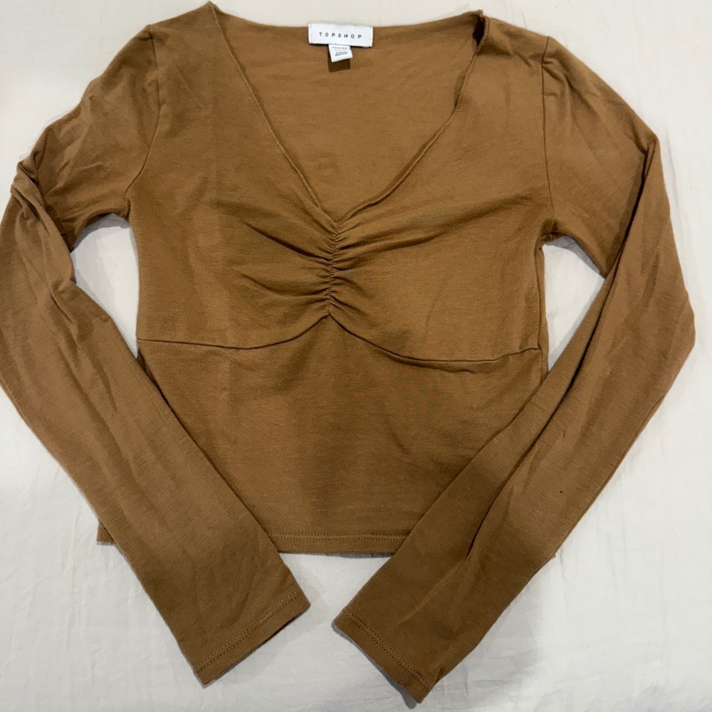 Topshop Brown Long Sleeve Ruched Top